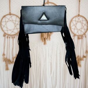 Artisan Genuine Leather Fringe Crossbody Gold Crystal